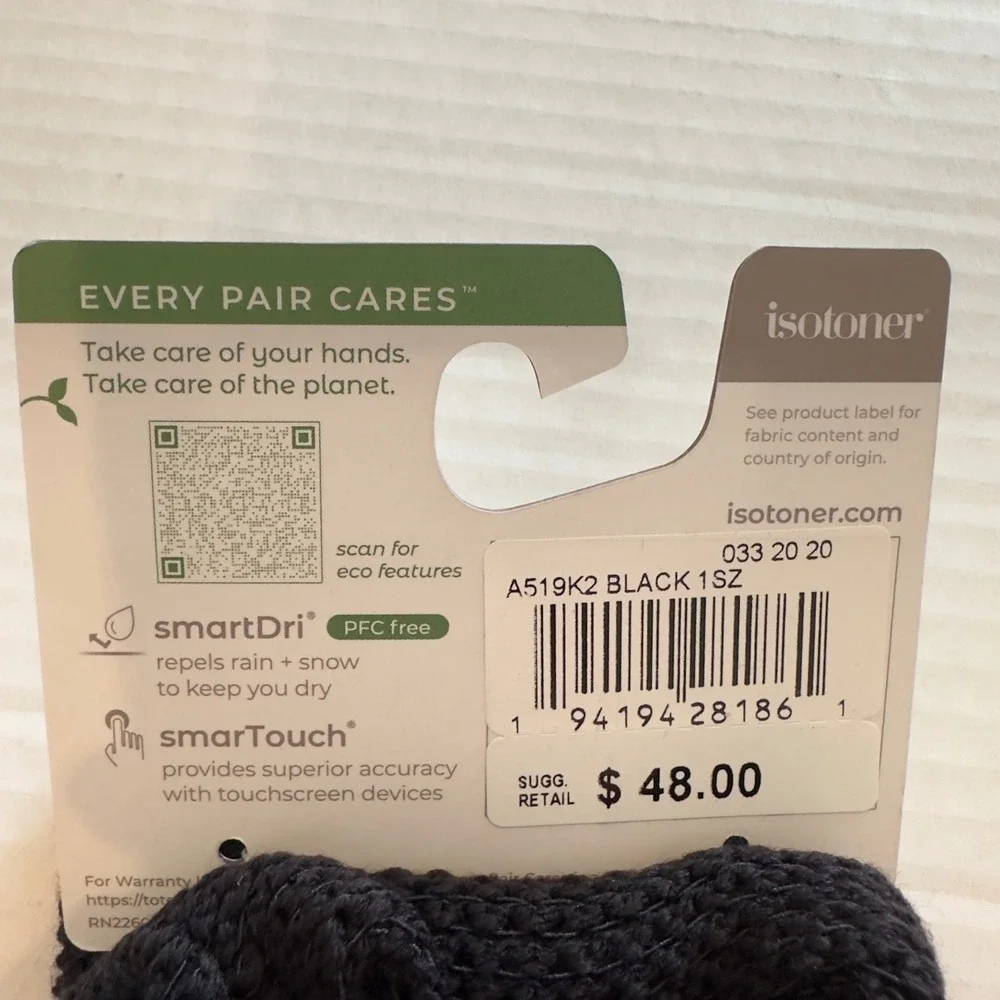 Isotoner Womens Eco Comfort smartDri smartTouch Black Knit Gloves A519K2 NEW - Picture 5 of 5